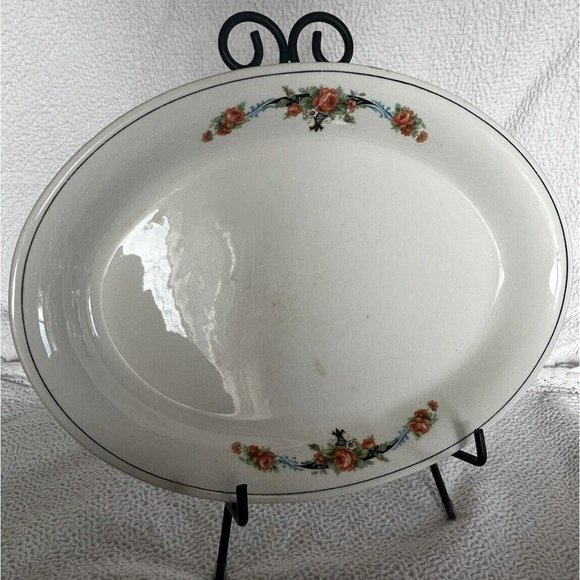 Crown Potteries Company Platter 11 5/8”L x 8 5/8”W Orange Roses Platinum Trim - Picture 6 of 12